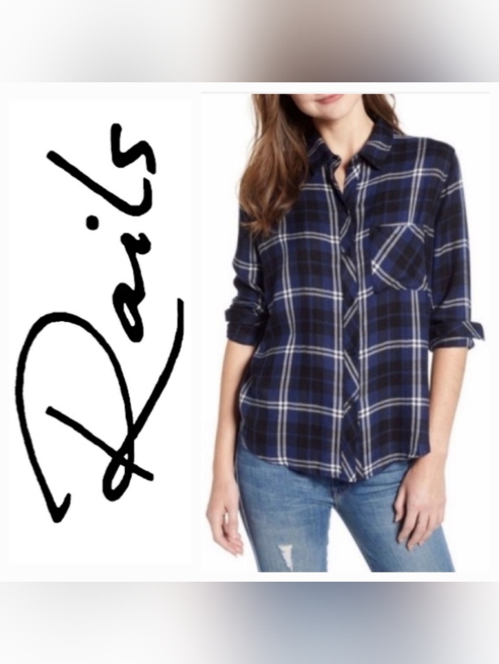 Rails Hunter Buttondown Shirt Navy Blue/White/Metallic Silver Plaid Sz L Classic